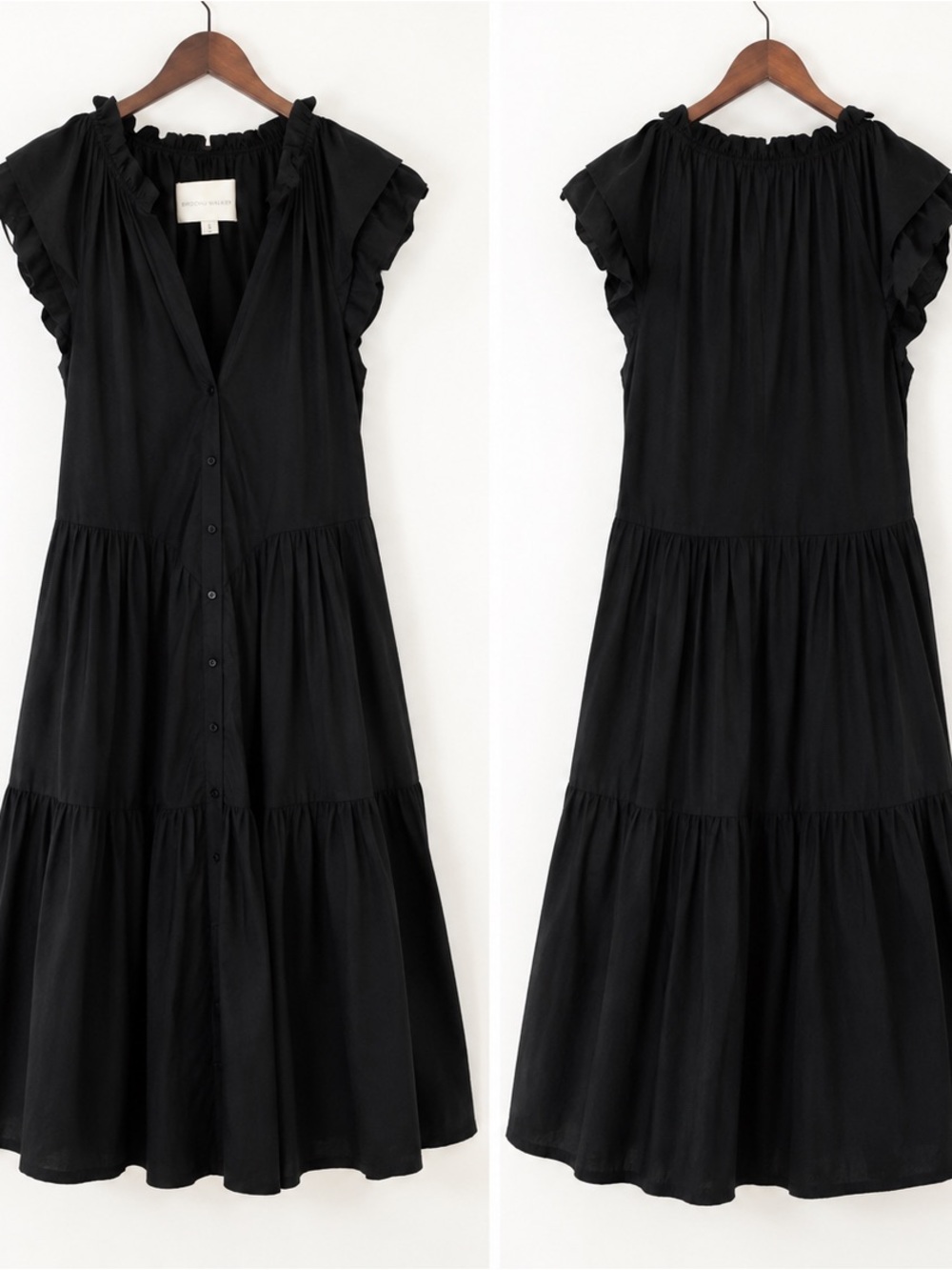 Brochu Walker Black Cotton Poplin Tiered Midi Dress Ruffle Sleeve Size S